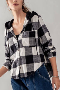 Button Down Gingham Flannel Hooded Top