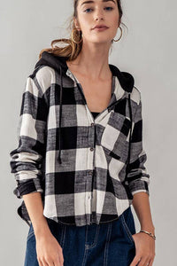 Button Down Gingham Flannel Hooded Top