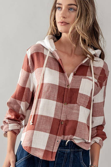 Button Down Gingham Flannel Hooded Top