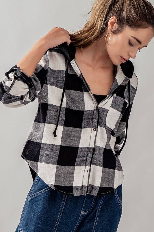 Button Down Gingham Flannel Hooded Top