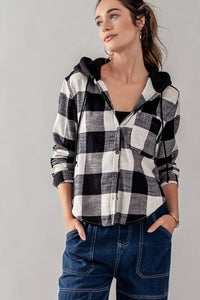 Button Down Gingham Flannel Hooded Top