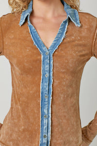 Thermal Button Down Top Washed Camel