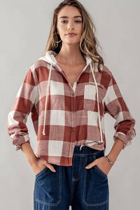 Button Down Gingham Flannel Hooded Top