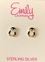 Load image into Gallery viewer, Black and white enamel Penguin with orange feet and beak, post style earrings