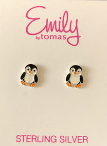 Black and white enamel Penguin with orange feet and beak, post style earrings