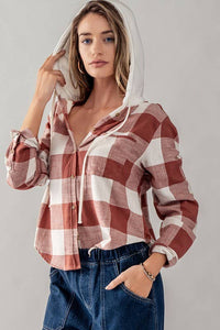 Button Down Gingham Flannel Hooded Top