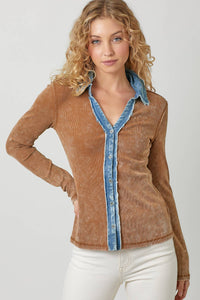 Thermal Button Down Top Washed Camel