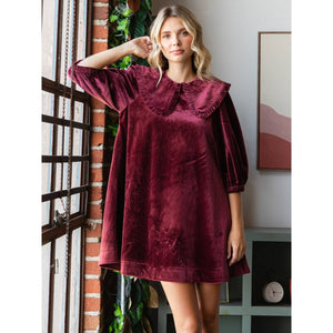 Velvet Puff Sleeve Peter Pan Collar Short Dress