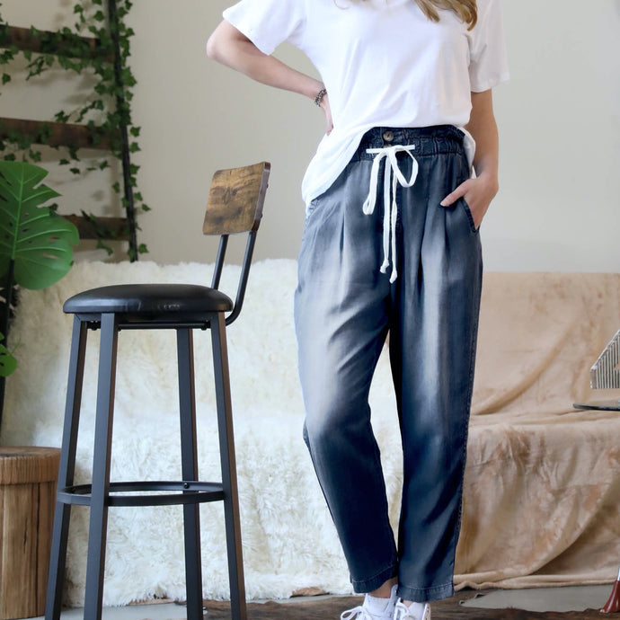 Chambray Drawstring Paperbag Waist Pants