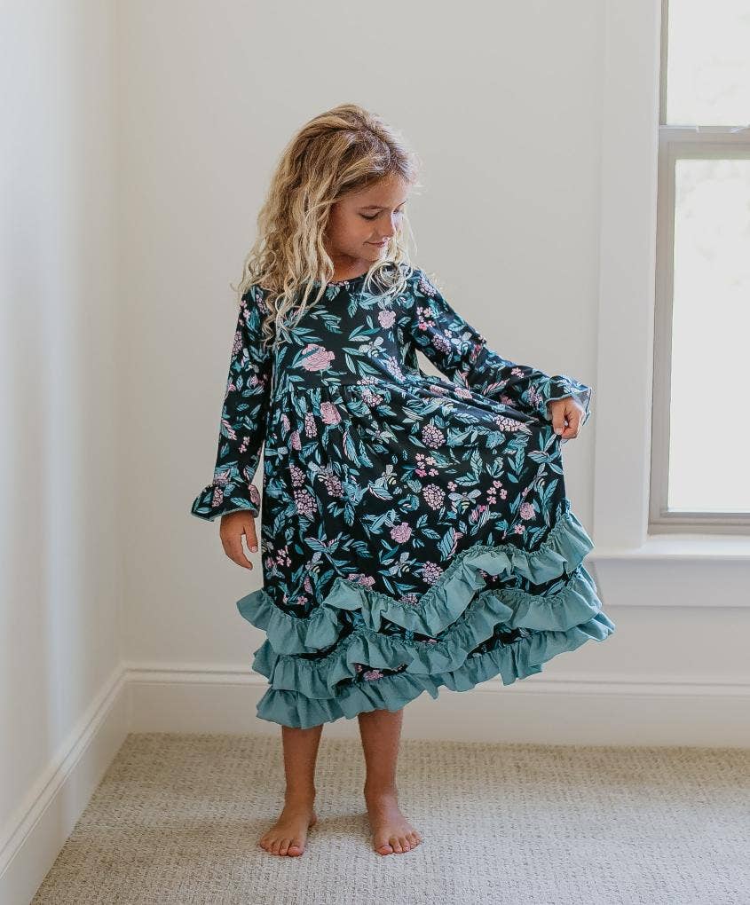 Three Ruffle Black Floral Dress