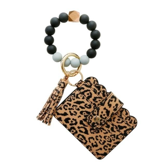 Silicone Beaded Tassel Bracelet Wristlet Bangle Keychain With Card Holder Wallet
