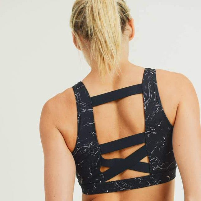 Marble Swirl Print Strap Back Sports Bra