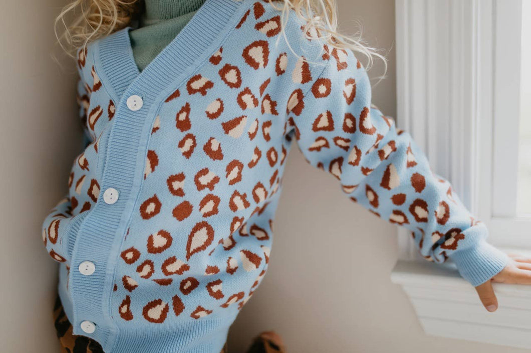 Kids Leopard Blue Cardigan Button Sweater
