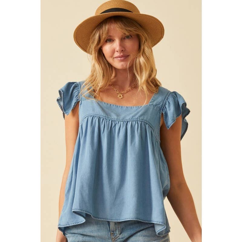 Square Neck Ruffle Cap Sleeve Top