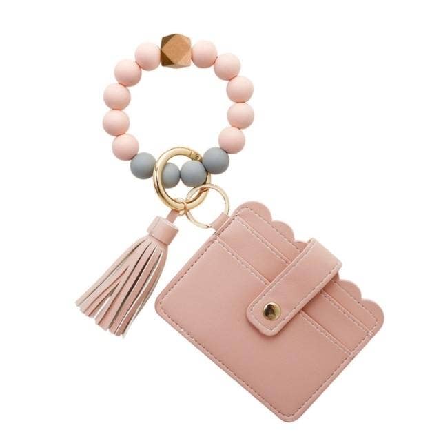 Silicone Beaded Tassel Bracelet Wristlet Bangle Keychain With Card Holder Wallet