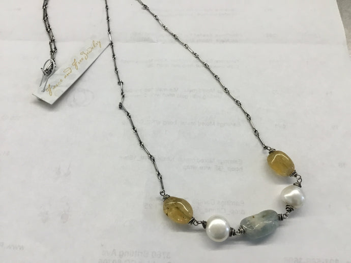Aquamarine, pearl and citrine necklace