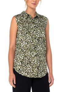Sleeveless Button Front Shirt W/ Inverted Placket