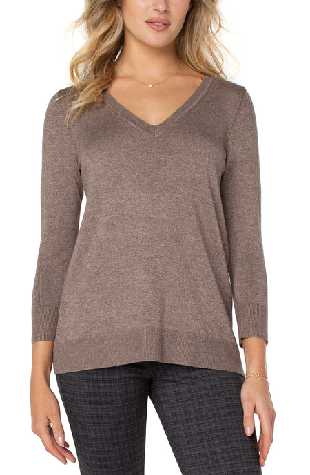 3/4 Sleeve V Neck Sweater w/ Pique Weave