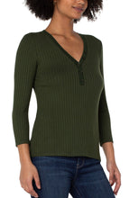 Load image into Gallery viewer, Three quarter sleeve rib knit henley in deep forest green