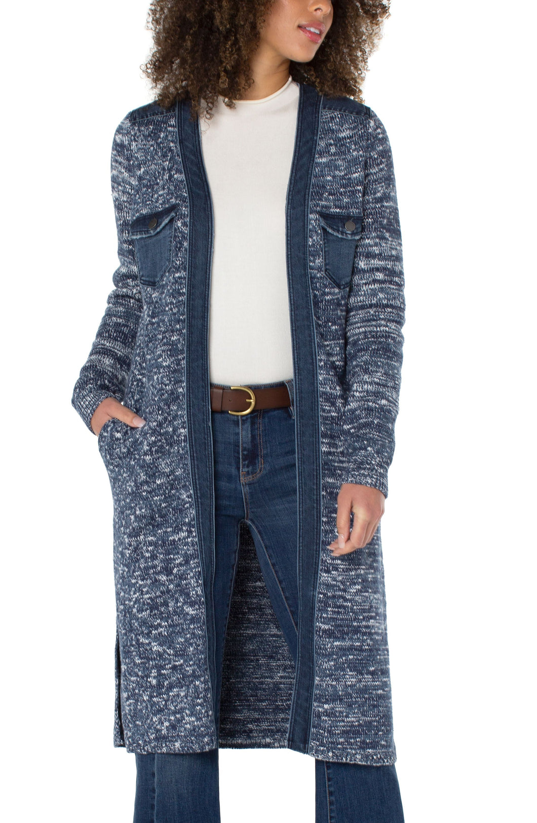 Sweater Cardigan with Denim Trim